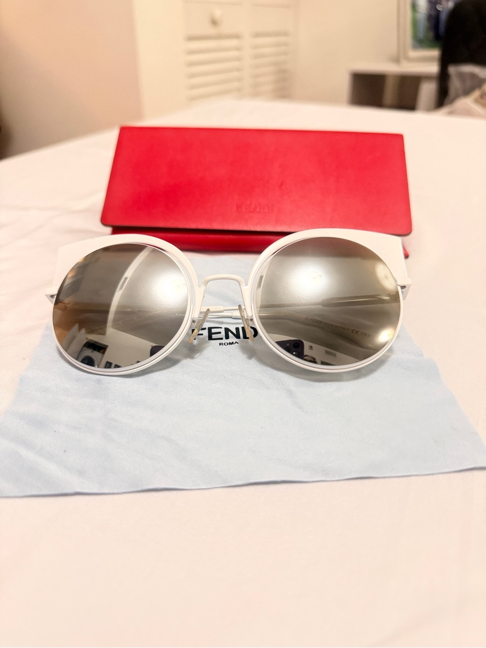 Fendi White Round Frame Silver Mirrored Sunglasses